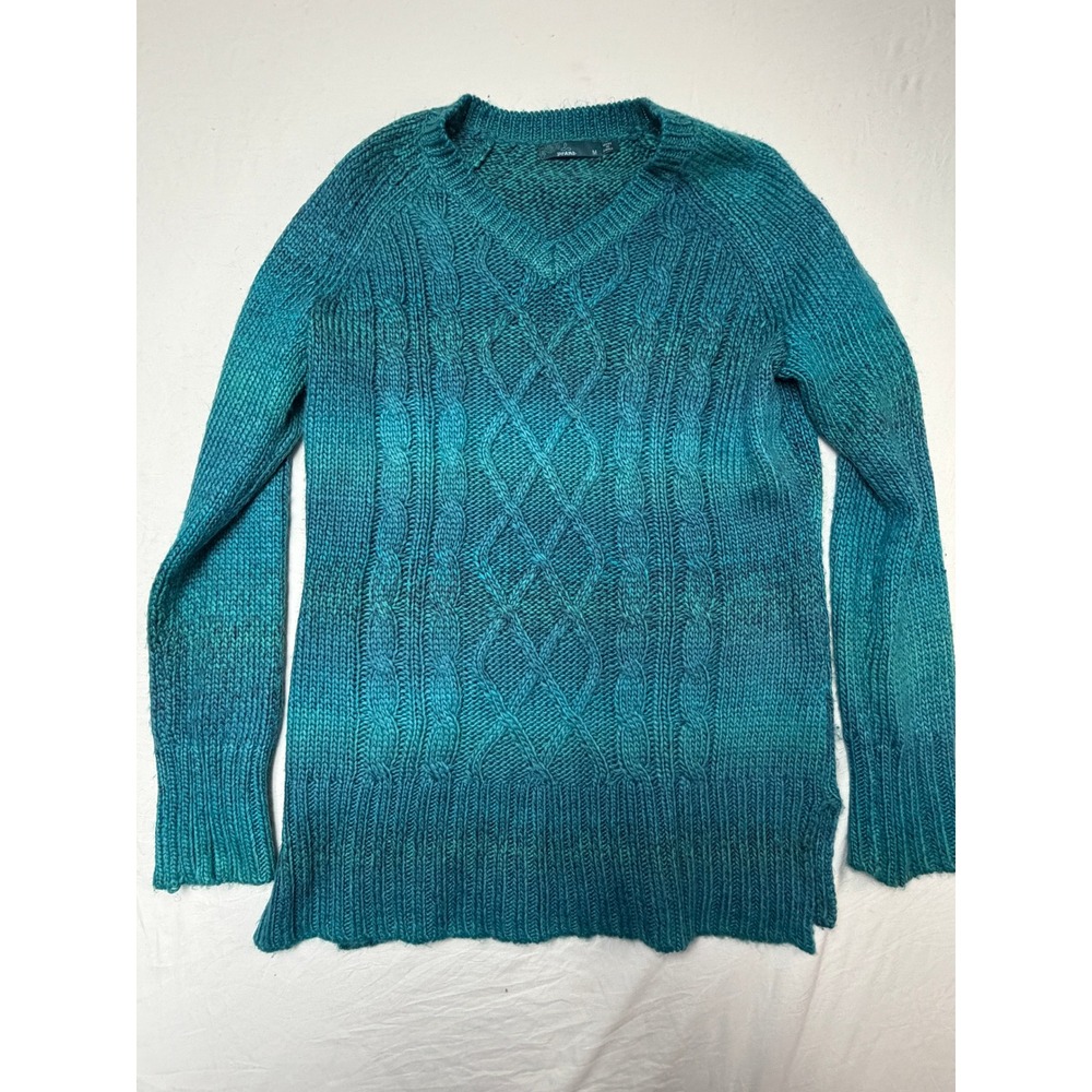 Prana Womens V-Neck Cable Knit Sweater Teal Blue Ombre Space Dye Size M
